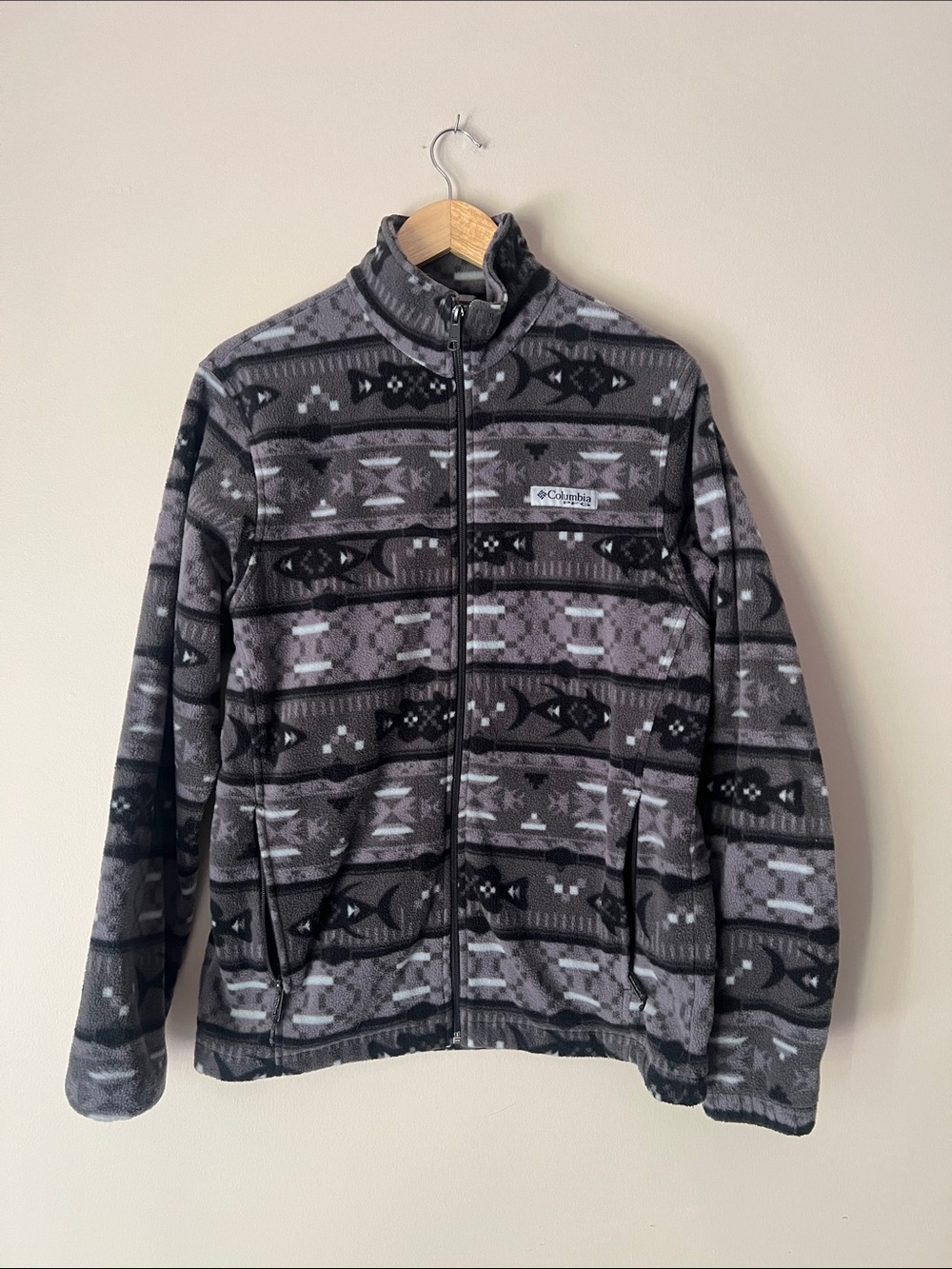 Columbia Gray & Black Patterned Fleece Zip Jacket